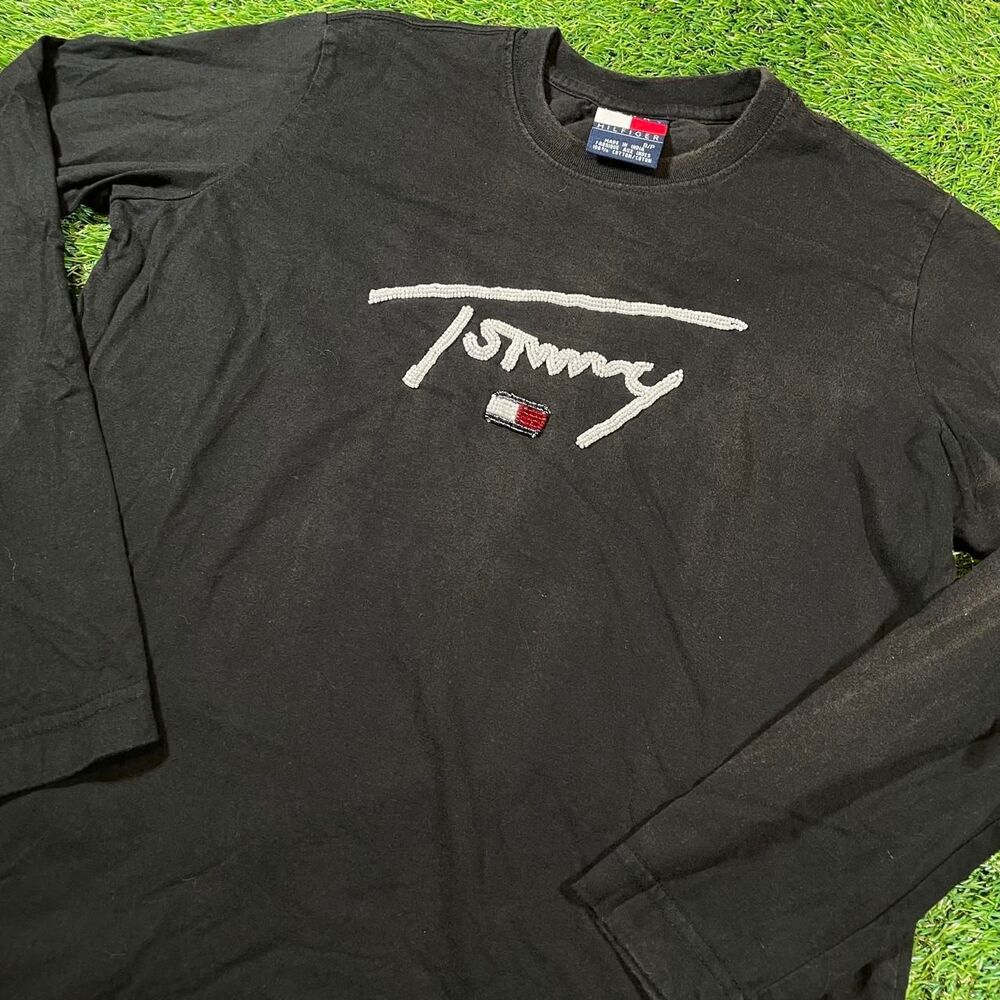 Tommy Hilfiger Y2K black cotton long sleeve shirt beaded embroidered logo size S